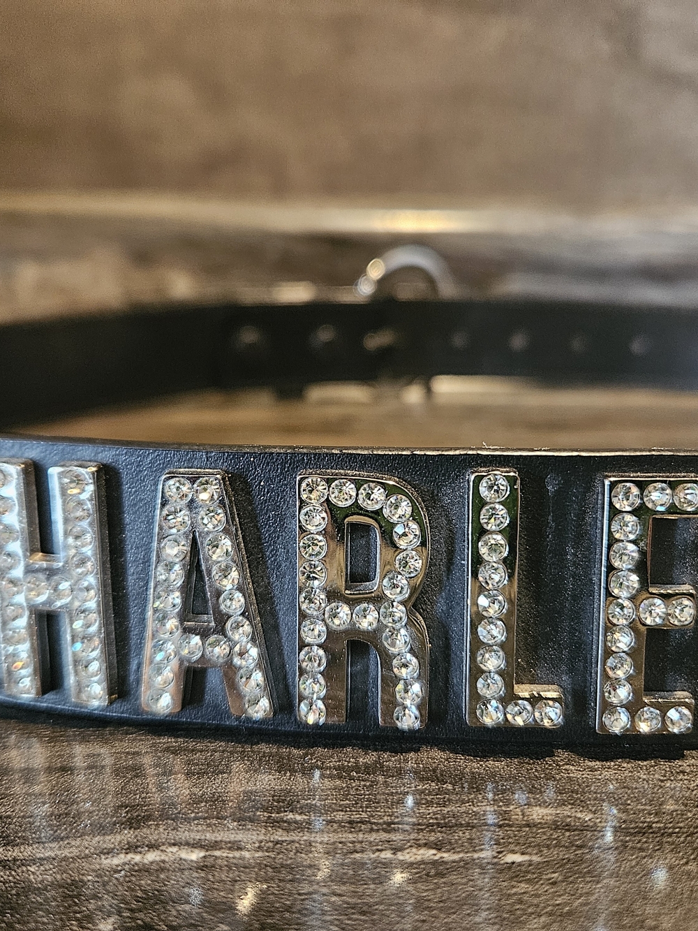 Harley-Davidson Black Leather Belt with Multicolor Crystal Letters - Picture 6 of 7
